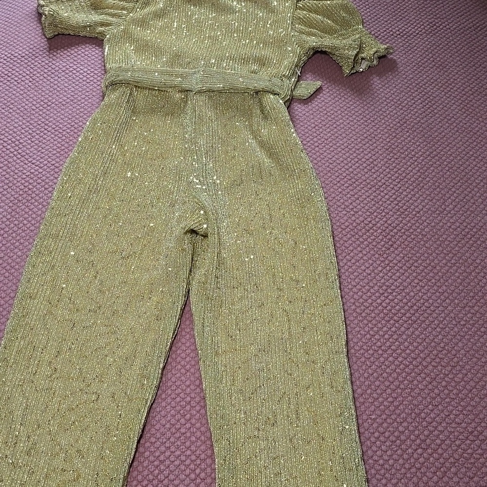 Chelsea & Violet Gold Short Puff Sleeve Sequin Embellished Jumper Medium - Picture 12 of 16
